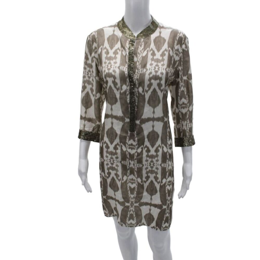 Marie France Van Damme Women Kaftan Shirt Dress Beige Silk 3/4 Sleeve Size S
